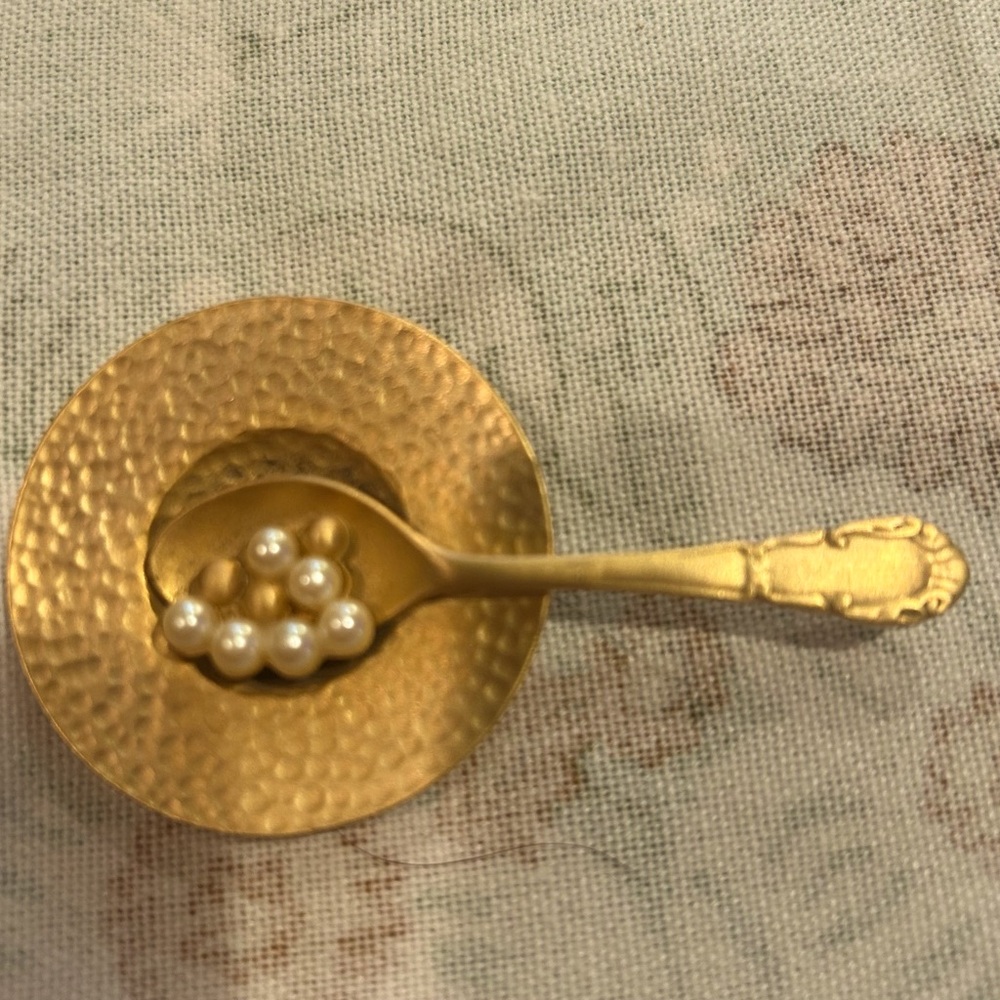 Matte gold tone spoon, faux pearl brooch pin-Ruby Lane